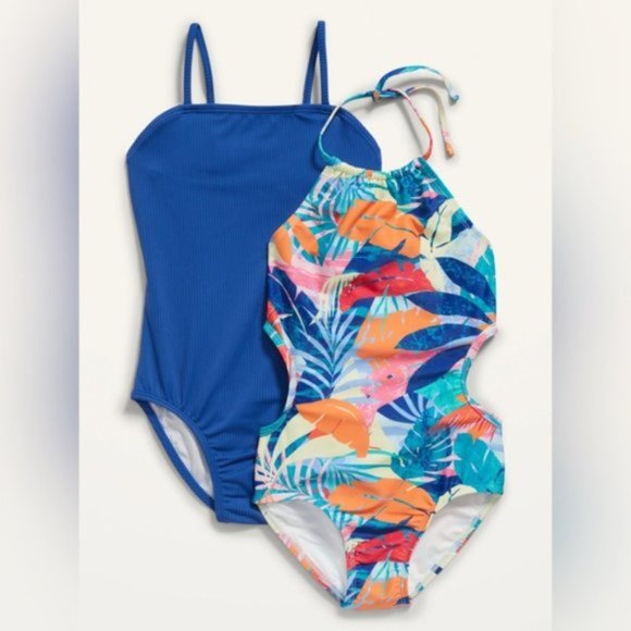 Old Navy | Girls Printed Halter Cut Out Ribbed Style One-Piece Swimsuit 2-Pack - Picture 14 of 15